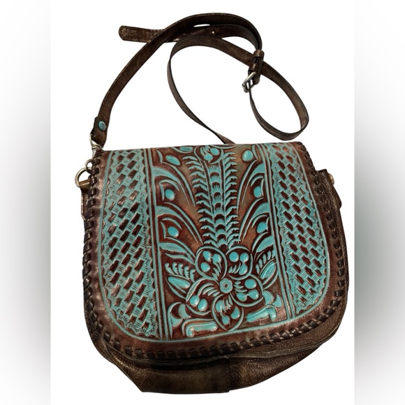 Patricia Nash Handbags - Turquoise and Brown Tooled Leather Crossbody Bag
